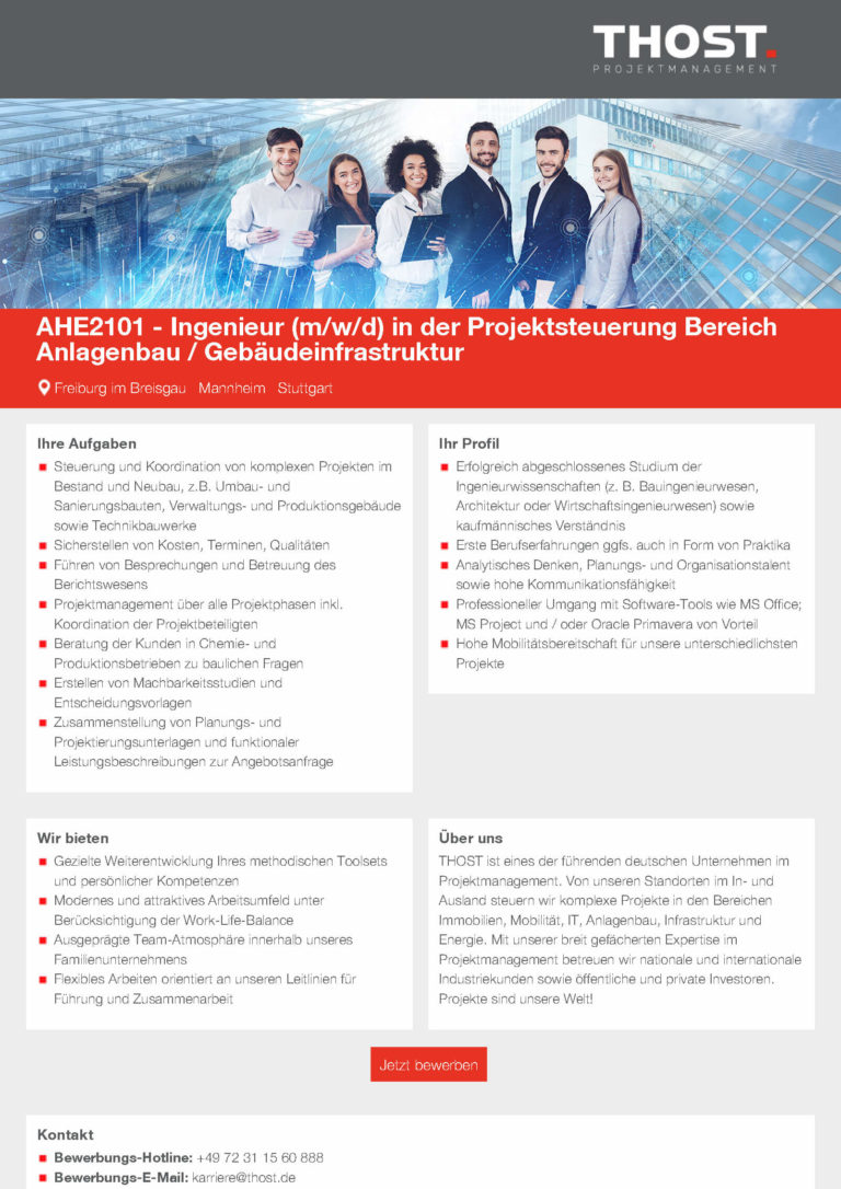 THOST: AHE2101 – Ingenieur (m/w/d) in der Projektsteuerung Bereich Anlagenbau / Gebäudeinfrastruktur